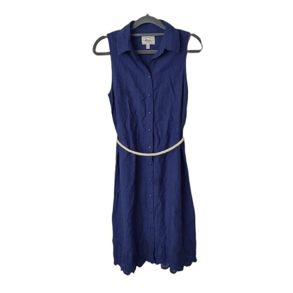 Bass Nautical Blue Button Down Shirt Dress Womens XS Belt Sleeveless Eyelet